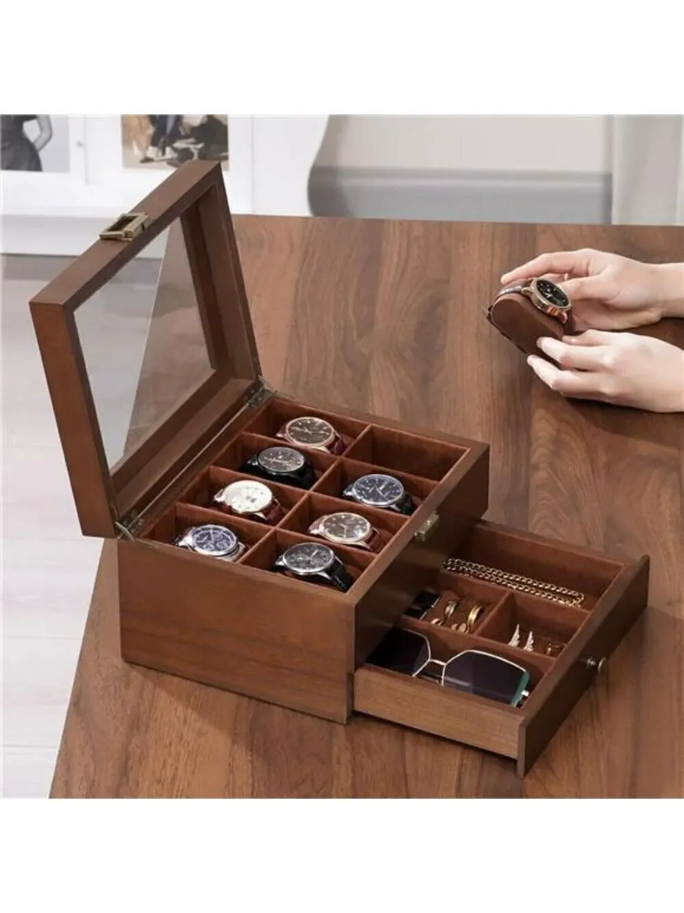 Wood Watch Box for Men 8 Slot Display Case with Drawer Jewelry Organizer